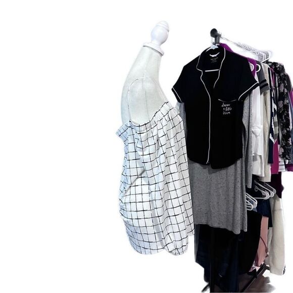 Mine Off The Shoulder White & Black Grid Pattern Long Sleeve Top Size Medium - Picture 2 of 10